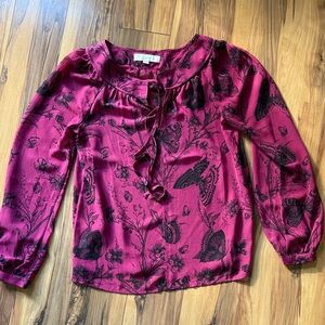 LOFT Burgundy Floral Top with Tie Detail